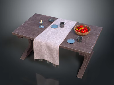 Rustic Wooden Dining Table With Table Runner Candle Plates Cups And Fruit Bowl 3d model