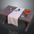 Rustic Wooden Dining Table With Table Runner Candle Plates Cups And Fruit Bowl