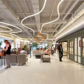 Modern Open Leisure Area Interior With Curved Lights Wooden Crates And Green Plants