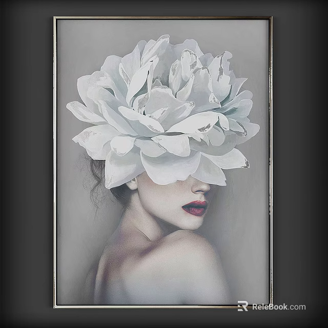 Framed Artwork Featuring Large White Flower Covering Woman With Red Lips On Gray Background 3d model 