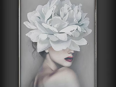 Framed Artwork Featuring Large White Flower Covering Woman With Red Lips On Gray Background 3d model