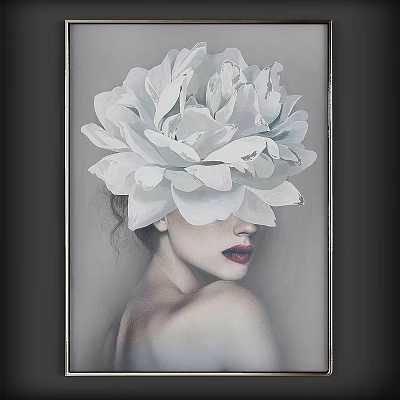 Framed Artwork Featuring Large White Flower Covering Woman With Red Lips On Gray Background 3d model