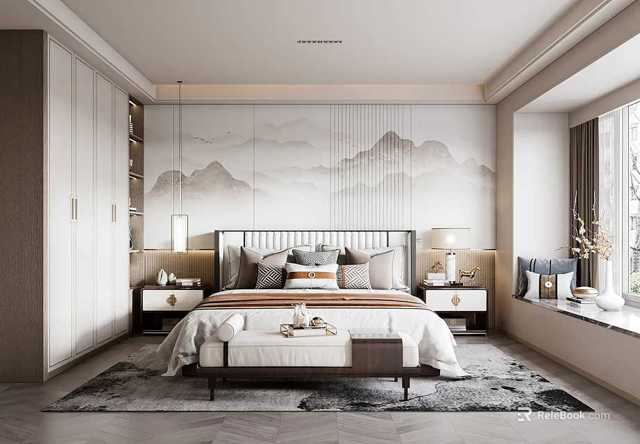 Elegant Modern Bedroom Interior With Mountain Pattern Wall Bed And Decorative Pillows 3d model