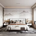 Elegant Modern Bedroom Interior With Mountain Pattern Wall Bed And Decorative Pillows 3d model