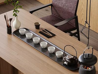 Minimalist Tea Set With Black Tray White Cups Teapot And Green Plant On Wooden Table 3d model