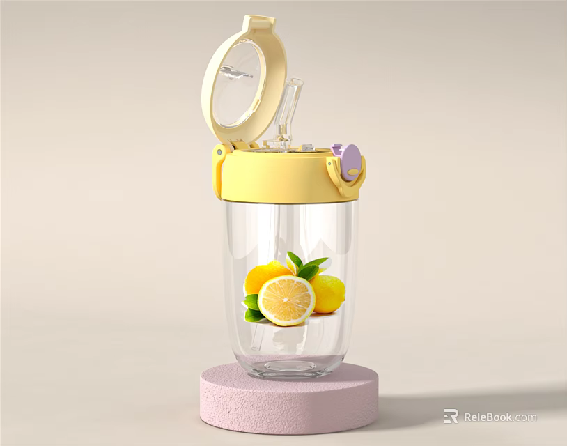 Transparent Tumbler with Yellow Lid and Straw Lemon Slices and Lemons on Pink Base 3d model 