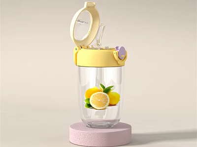 Transparent Tumbler with Yellow Lid and Straw Lemon Slices and Lemons on Pink Base 3d model