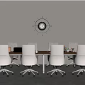 Modern Office Interior With Long Meeting Table White Office Chairs Gray Wall And Clock Decoration