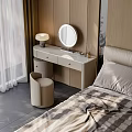 Modern Bedroom Vanity Table With Round Mirror Table Lamp And Stool 3d model