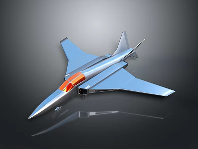3D Rendered Silver Fighter Jet Model With Orange Cockpit On Dark Reflective Background 3d model