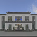 Modern Chinese Style Office Building Exterior With White Walls Black Roof And Large Glass Windows
