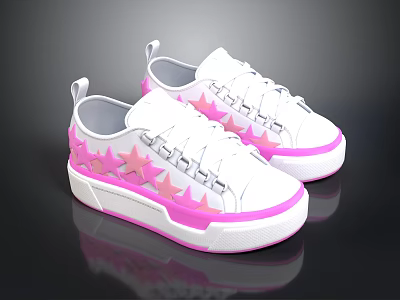 White and Pink Low Top Casual Sneakers with Pink Star Patterns and Platform Sole 3d model