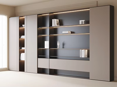 Modern Bookcase Design With Shelves Built in Lighting and Cabinet Doors 3d model
