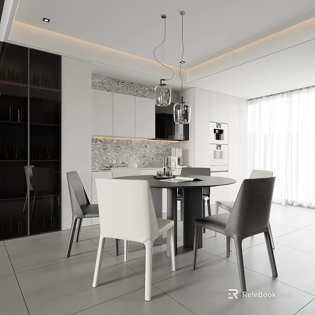 Modern Restaurant Interior With Round Dining Table White And Gray Chairs And Pendant Lights 3d model 