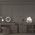 Modern Light Colored Dressing Table With Drawers Mirror Pendant Lights And Stool 3d model