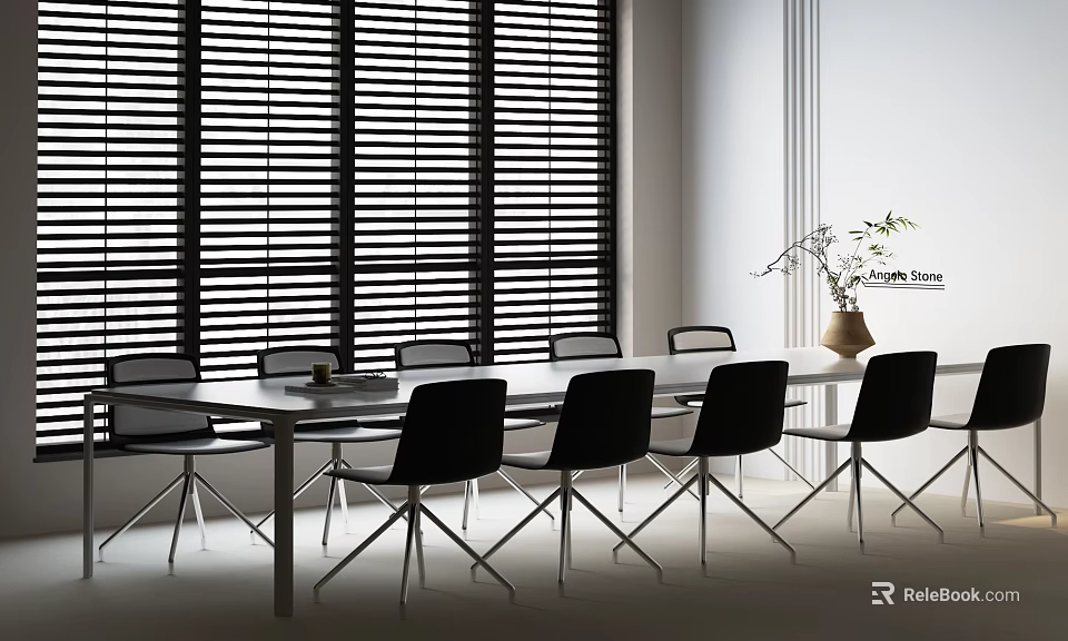Modern Office Conference Table With Black Chairs Window Blinds And Decorative Plant 3d model 
