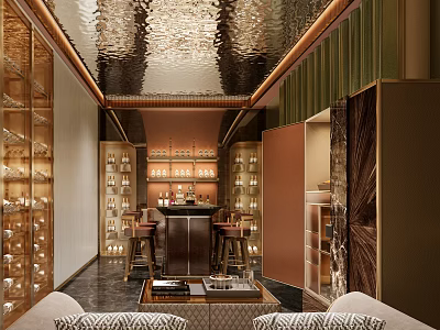 Luxury Basement Interior With Wine Storage Bar Seating And Decor 3d model