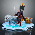 Game Movie Character With White Wolves Swords On Ice Surface Treasure Chest And Flag