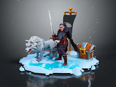 Game Movie Character With White Wolves Swords On Ice Surface Treasure Chest And Flag 3d model