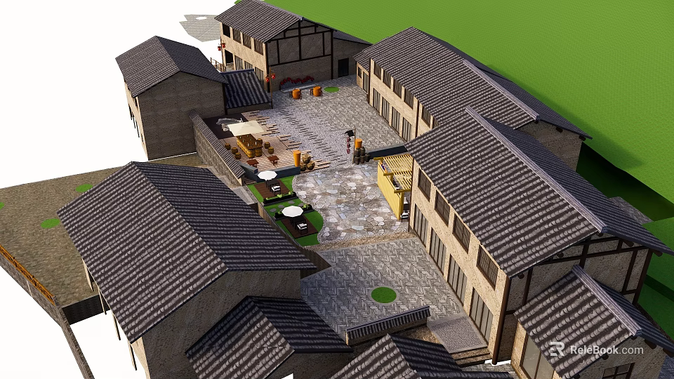 Traditional Homestay Building With Tile Roof Surrounded By Courtyard Featuring Tables Chairs And Green Plants 3d model 