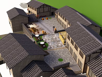 Traditional Homestay Building With Tile Roof Surrounded By Courtyard Featuring Tables Chairs And Green Plants 3d model