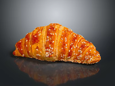 Golden Brown Croissant With Sesame Seeds On Black Reflective Background 3d model