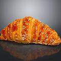 Golden Brown Croissant With Sesame Seeds On Black Reflective Background
