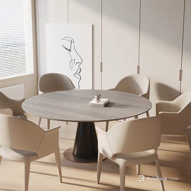 Round Wooden Dining Table Set With Beige Chairs And Pendant Lights 3d model 