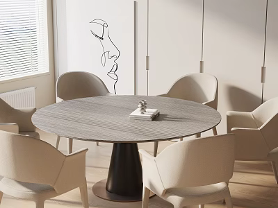 Round Wooden Dining Table Set With Beige Chairs And Pendant Lights 3d model