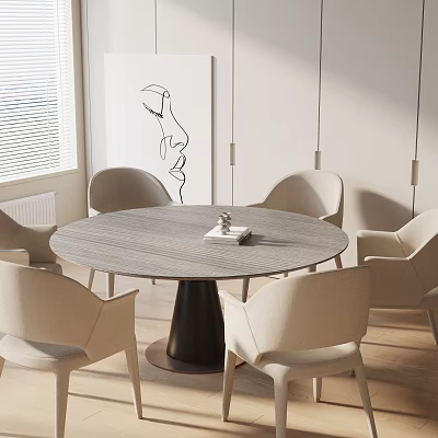 Round Wooden Dining Table Set With Beige Chairs And Pendant Lights 3d model