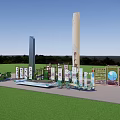 Outdoor Exhibition Setup With Tall Pillars Display Boards Green Lawn And Mountain Background