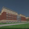 Modern Red Brick School Building With Tower Glass Curtain Wall And Green Lawn Square
