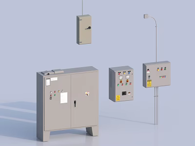 Grey Industrial Equipment With Control Cabinets Control Boxes Hanging Units And Light Poles 3d model