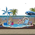 Summer Beach Scene With Blue White Striped Umbrella Palm Trees Lifebuoys And Beach Chair