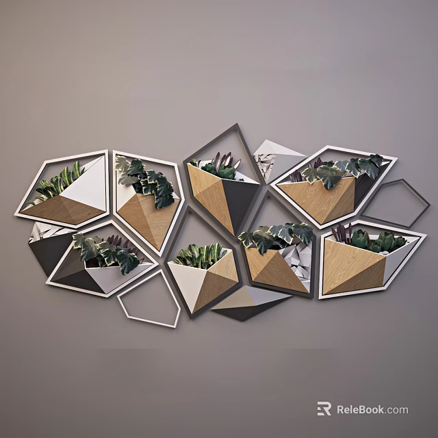 Geometric Wall Decor With Wooden White And Gray Planters Holding Green Plants 3d model 