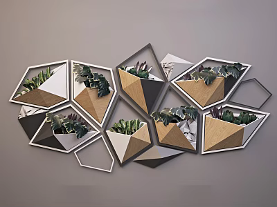 Geometric Wall Decor With Wooden White And Gray Planters Holding Green Plants 3d model