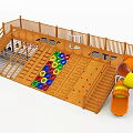 Outdoor Kids Playground Equipment With Wooden Structure Climbing Net Colorful Discs And Rock Climbing Wall