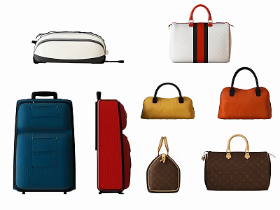 Colorful Luggage and Bags Collection Featuring Blue Red Suitcases and Patterned Handbags 3d model