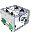 Industrial Equipment Featuring White Frame Green Wheels Black Components And Cylindrical Design