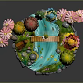 Circular Miniature Landscape Architecture With Small Bridge Blue Stream Colorful Trees And Stone Edges