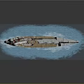 Vintage Battleship Sailing on Blue Water with Smoke from Chimney and Turrets