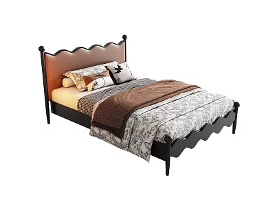 Single Bed Featuring Brown Leather Scalloped Headboard Black Metal Frame Pillows and Patterned Quilt 3d model