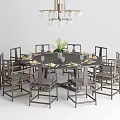 Chinese Style Round Dining Table Set With Chairs Tableware And Chandelier 3d model