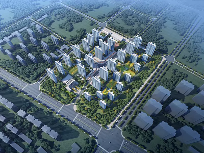 Aerial Planning of Modern Residential Community With High Rise Buildings Green Spaces and Roads 3d model