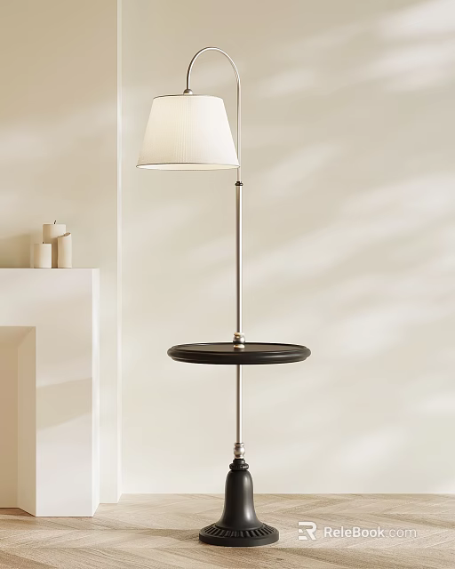 Floor Lamp With Metal Pole Black Tray Base White Lampshade Near White Shelf And Candles 3d model 