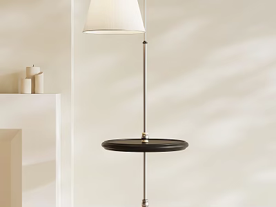 Floor Lamp With Metal Pole Black Tray Base White Lampshade Near White Shelf And Candles 3d model