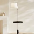 Floor Lamp With Metal Pole Black Tray Base White Lampshade Near White Shelf And Candles