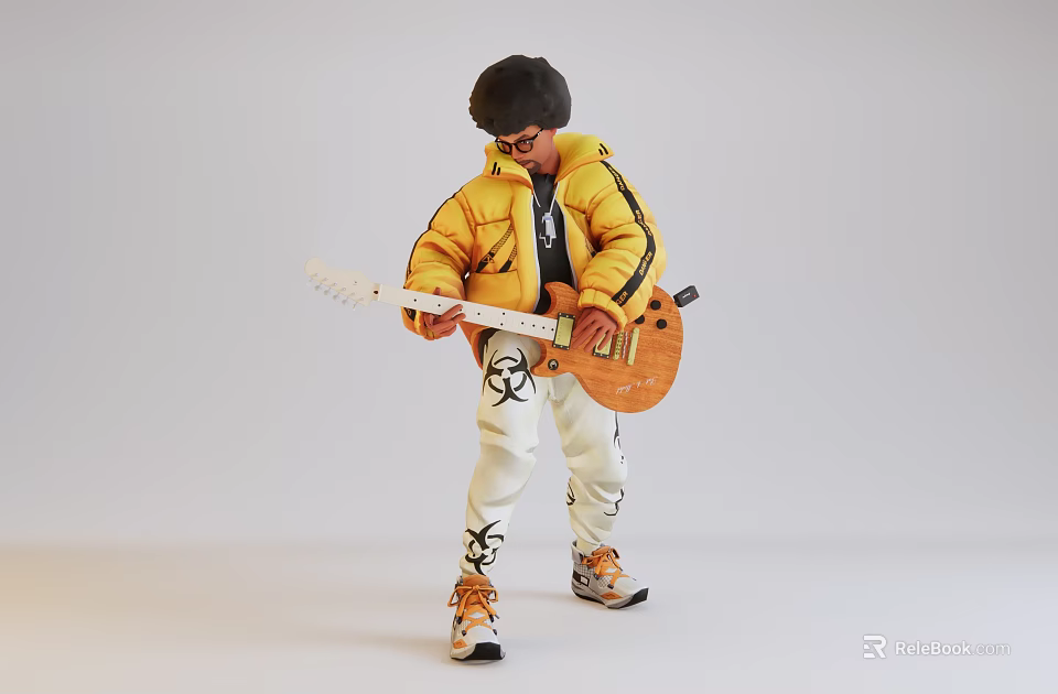 Game Movie Character Wearing Yellow Jacket White Pants with Black Patterns Playing Brown Electric Guitar 3d model 
