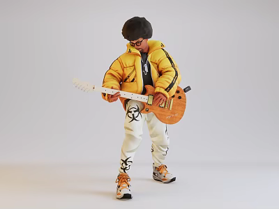 Game Movie Character Wearing Yellow Jacket White Pants with Black Patterns Playing Brown Electric Guitar 3d model