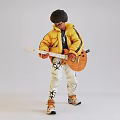 Game Movie Character Wearing Yellow Jacket White Pants with Black Patterns Playing Brown Electric Guitar